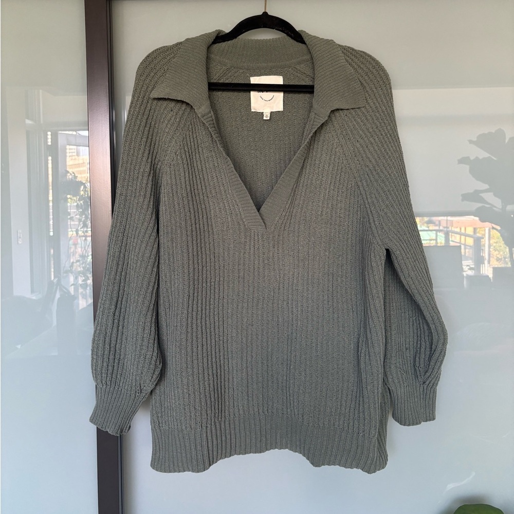 Aerie Olive Green Ribbed Collared V-Neck Oversize Sweater
